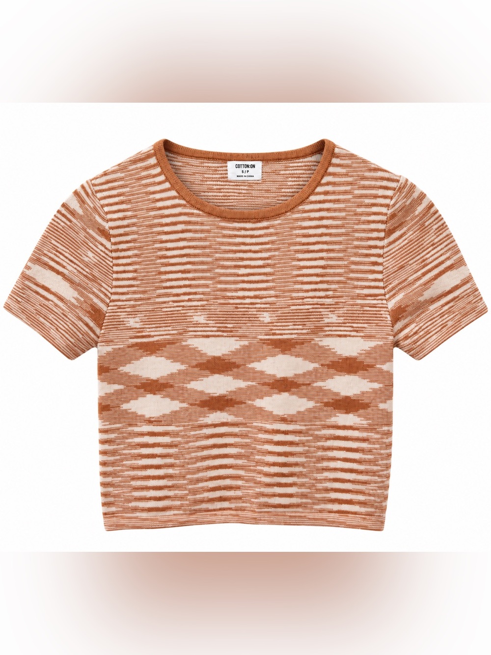 Cotton On Rust and Cream Geometric Short-Sleeve Knit Sweater